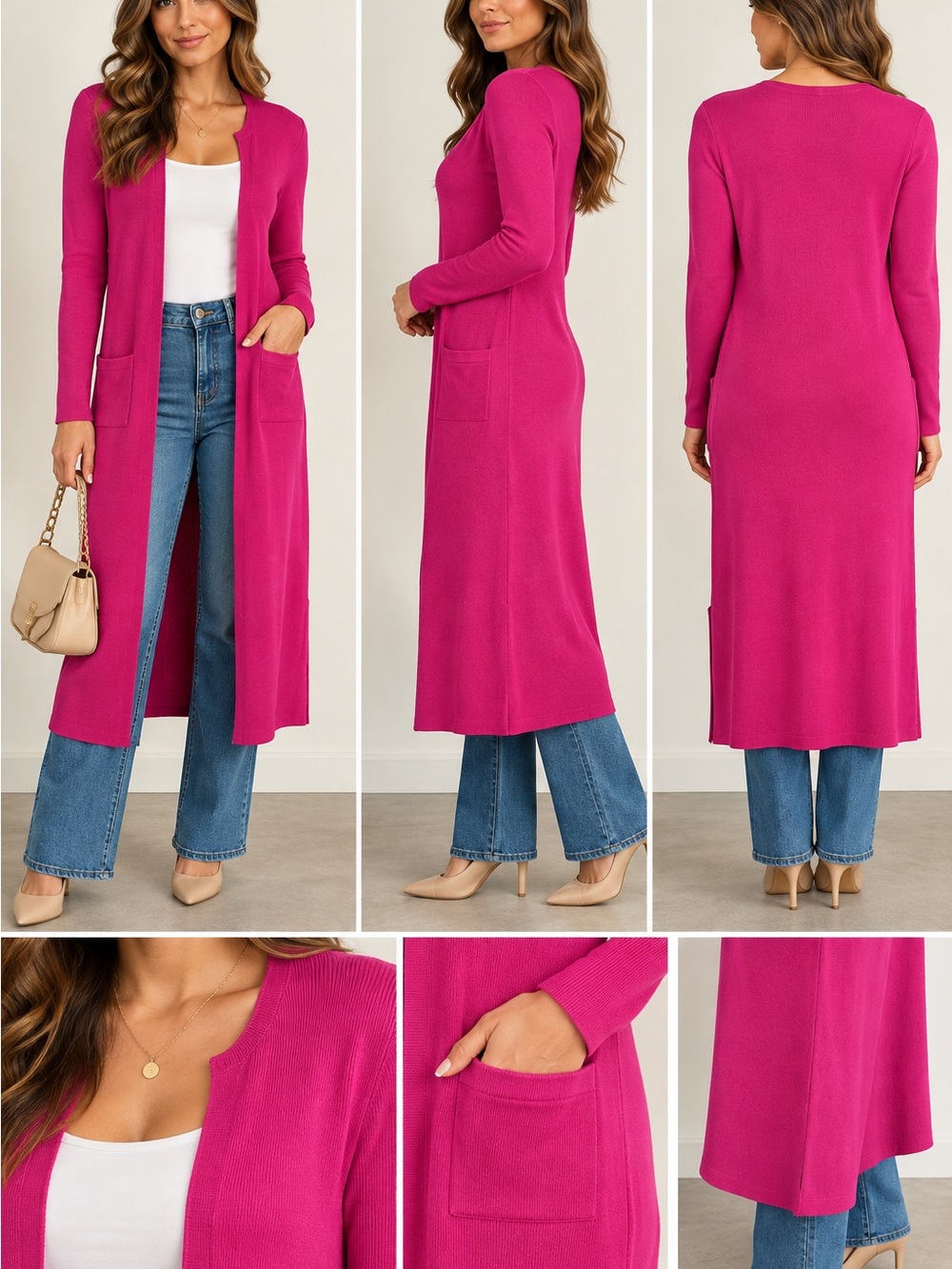 Ralph Lauren Open-Front Longline Cardigan in Fuchsia